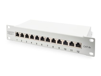 DIGITUS CAT 6A Patch Panel, stíněný, 12-portové pole se štítkem, 1U, 10 "montáž do stojanu, šedá RAL 7035