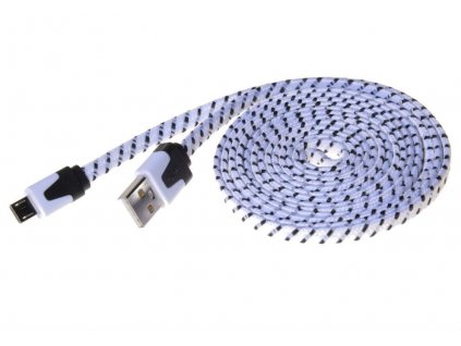 Kabel micro USB 2.0, A-B 2m, plochý textilní kabel, černo-bílý