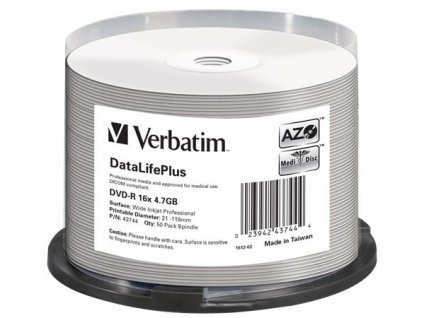 VERBATIM DVD-R DataLifePlus 4.7GB, 16x, printable, spindle 50 ks