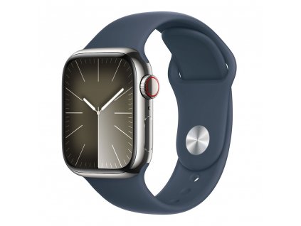 Apple Watch Series 9 GPS + Cellular 45mm Silver Stainless Steel Case with Storm Blue Sport Band - S/M