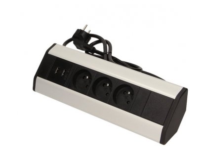 Povrchová zásuvka, rohové pouzdro ORNO OR-AE-1360, 3x zásuvka, 2x USB, barva černo-stříbrná, kabel 1,8m