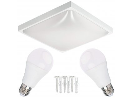 LED stropní svítidlo 2xE27 čtvercové bílé + 2x E27 10W neutrální bílá žárovka