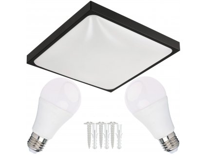 LED stropní svítidlo 2xE27 čtvercové černé + 2x E27 10W neutrální bílá žárovka