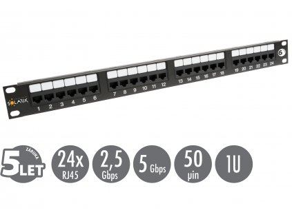 19'' patch panel Solarix 24 x RJ45 CAT6 UTP 350 MHz černý 1U SX24-6-UTP-BK