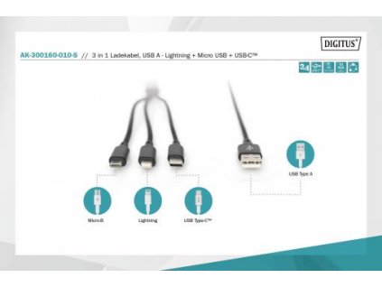 USB nabíjecí kabel, 3 v 1 , USB A - Lightning+micro B+Type-C 1m, kabel, bavlna, CE, bl