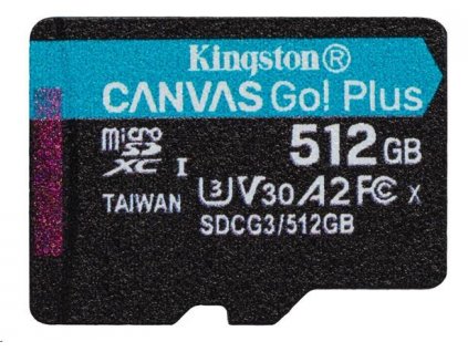 Kingston MicroSDXC karta 512GB Canvas Go! Plus, R:170/W:90MB/s, Class 10, UHS-I, U3, V30, A2