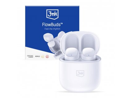 3mk bezdrátová stereo sluchátka FlowBuds, nabíjecí pouzdro, bílá