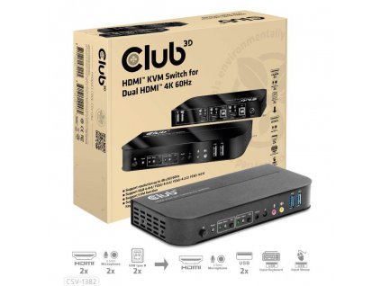 Club3D síťový přepínač - Switch, HDMI KVM Switch - Dual HDMI 4K 60Hz