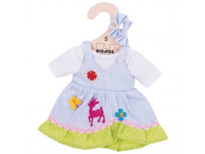 Hračka Bigjigs Toys Modré puntikované šaty s jelenem pro panenku 28 cm