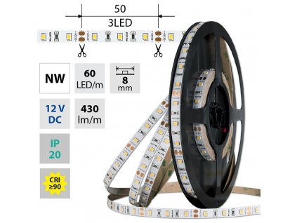 MCLED Pásek LED SMD2835 NW, 60LED/m, 4,8W/m, DC 12V, 430lm/m, CRI90, IP20, 8mm, 50m