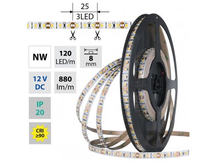 MCLED Pásek LED SMD2835 NW, 120LED/m, 9,6W/m, DC 12V, 880lm/m, CRI90, IP20, 8mm, 50m