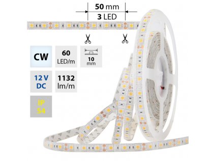 MCLED Pásek LED SMD5050 CW, 60LED/m, 14,4W/m, 1132lm/m, IP54, DC 12V, 10mm, 5m