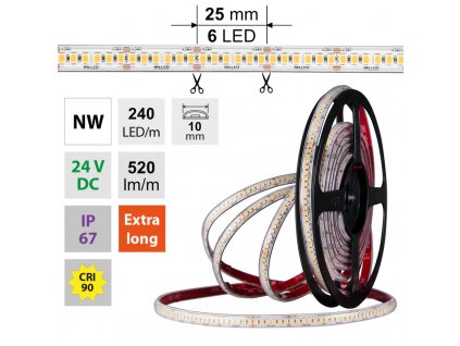 MCLED Pásek LED SMD2835 NW, 240LED/m, 6W/m, DC 24V, 520lm/m, CRI90, IP67, 10mm, 50m