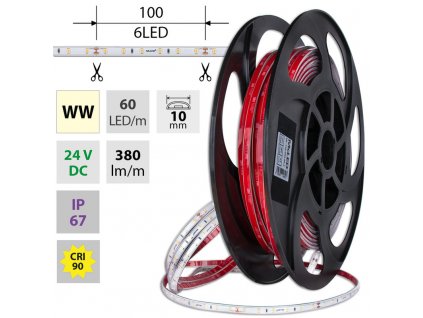 MCLED Pásek LED SMD2835 WW, 60LED/m, 4,8W/m, DC 24V, 380lm/m, CRI90, IP67, 10mm, 50m