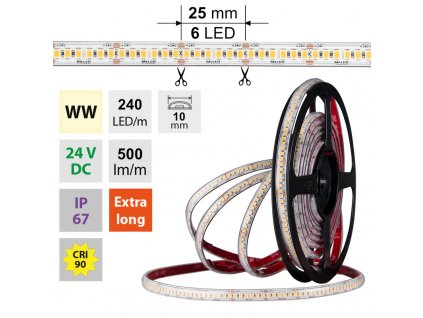 MCLED Pásek LED SMD2835 WW, 240LED/m, 6W/m, DC 24V, 500lm/m, CRI90, IP67, 10mm, 50m