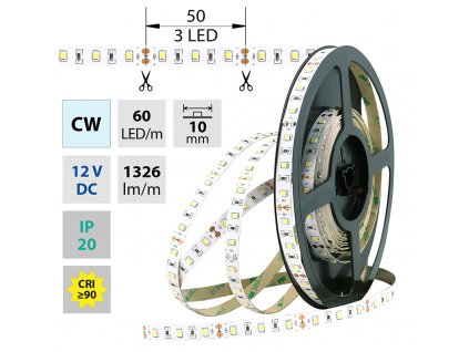 MCLED Pásek LED SMD2835 CW, 60LED/m, 14,4W/m, 1326lm/m, IP20, DC 12V, 10mm, 50m