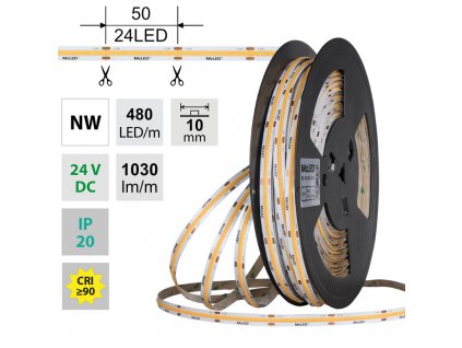 MCLED Pásek LED COB NW, 480LED/m, 10W/m, DC 24V, 1030lm/m, CRI90, IP20, 10mm, 50m