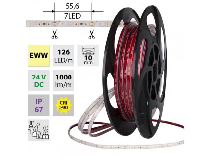 MCLED Pásek LED SMD2835 EWW, 126LED/m, 9,6W/m, DC 24V, 1000lm/m, CRI90, IP67, 105Ă‚Â°C, 10mm, 50m