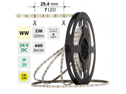 MCLED Pásek LED SMD2216 WW, 238LED/m, 7,2W/m, DC 24V, 660lm/m, CRI90, IP20, 4mm, 10m