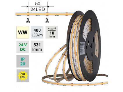 MCLED Pásek LED COB WW, 480LED/m, 5W/m, DC 24V, 531lm/m, CRI90, IP20, 10mm, 50m