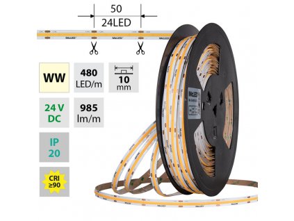 MCLED Pásek LED COB WW, 480LED/m, 10W/m, DC 24V, 985lm/m, CRI90, IP20, 10mm, 50m