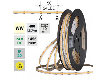 MCLED Pásek LED COB WW, 480LED/m, 15W/m, DC 24V, 1455lm/m, CRI90, IP20, 10mm, 50m