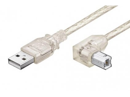 Kabel USB 2.0 A-B 0,5m, zalomený konektor B, transparentní