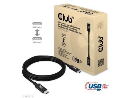 Club3D kabel USB4 Gen2x2 Typ-C, Oboustranný USB-IF Certifikovaný data kabel, Data 20Gbps, PD 240W(48V/5A) EPR M/M 2m