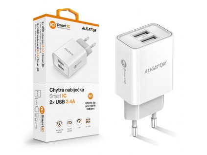 Chytrá síťová nabíječka ALIGATOR 2,4A, 2xUSB, smart IC, bílá