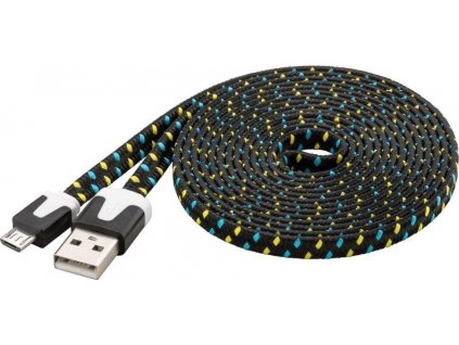 Kabel micro USB 2.0, A-B 2 m, plochý textilní kabel, černo-modro-žlutý