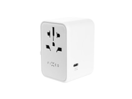 Adaptér FIXED Cestovní pro EU, UK a USA/AUS, s 3xUSB-C a 2xUSB výstupem, GaN, PD 65W, bílý