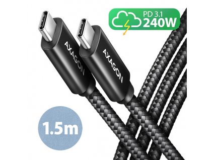 AXAGON BUCM2-CM15AB, CHARGE kabel USB-C <-> USB-C, 1.5m, Hi-Speed USB, PD 240W 5A, ALU, oplet, černý