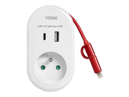 Adaptér ORNO VIRONE CS-2 230V s USB-C+A nabíječkou a kabelem USB-C + Lightning