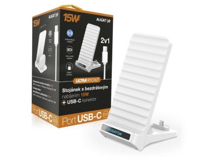 ALIGATOR Stojánek s bezdrátovým nabíjením 15W a USB-C konektorem, 2v1, bílý