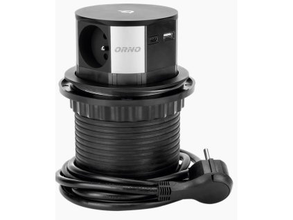 Zapuštěný blok zásuvek 3x2P+E s indukční a USB nabíječkou, Qi 1.2.4 max.10W, 2xUSB QC 3.0, O10 cm, kabel 1.5m