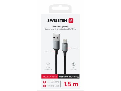 SWISSTEN DATOVÝ KABEL TEXTILE II USB / LIGHTNING 1,5 M ČERNÝ