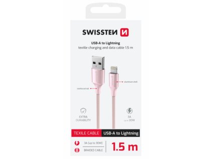 SWISSTEN DATOVÝ KABEL TEXTILE II USB / LIGHTNING 1,5 M RŮŽOVÝ