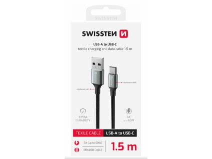 SWISSTEN DATOVÝ KABEL TEXTILE II USB / USB-C 1,5 M ČERNÝ