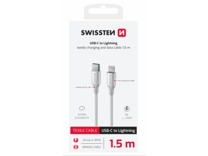 SWISSTEN DATOVÝ KABEL TEXTILE II USB-C / LIGHTNING 1,5 M BÍLÝ