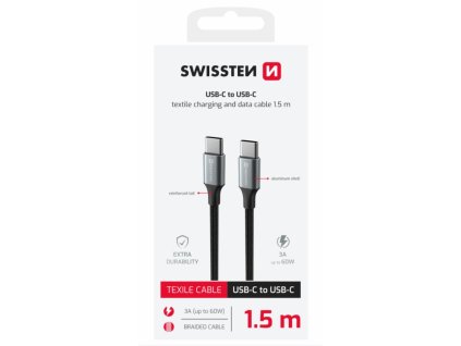 SWISSTEN DATOVÝ KABEL TEXTILE II USB-C / USB-C 1,5 M ČERNÝ