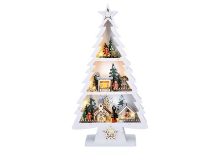 Solight LED dřevěný vánoční stromek s dekoracemi, 13x LED, přírodní dřevo, 53cm, 2x AA