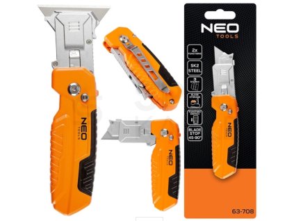 Zavírací nůž Neo Tools 63-708 s vyměnitelnou trapézovou čepelí a škrabkou