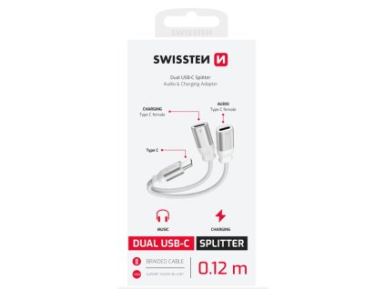 SWISSTEN NABÍJECÍ AUDIO ADAPTÉR TEXTILE USB-C (samec) / 2x USB-C (samice) 0,12 M BÍLÝ
