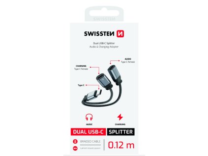 SWISSTEN NABÍJECÍ AUDIO ADAPTÉR TEXTILE USB-C (samec) / 2x USB-C (samice) 0,12 M ČERNÝ