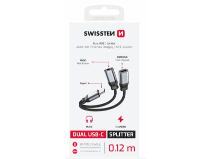 SWISSTEN NABÍJECÍ AUDIO ADAPTÉR TEXTILE USB-C (samec) / USB-C (samice) a 3,5mm AUX 0,12 M ČERNÝ