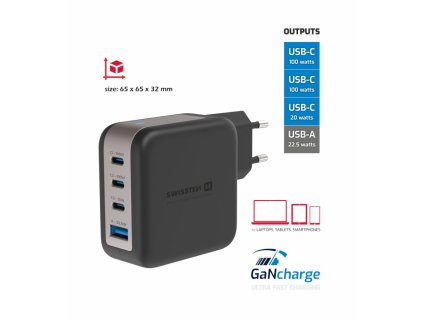 SWISSTEN SÍŤOVÝ ADAPTÉR GaN 3x USB-C 100W PD + 1x USB-A 18W QC ČERNÝ