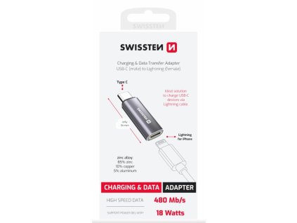 SWISSTEN NABÍJECÍ ADAPTÉR TEXTILE USB-C (samec) / LIGHTNING (samice) STŘÍBRNÝ