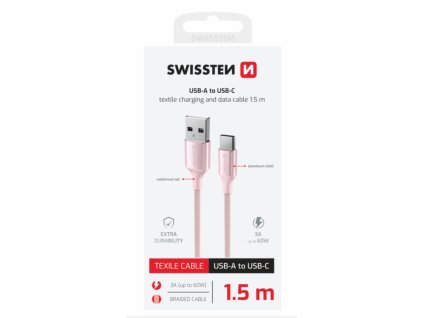 SWISSTEN DATOVÝ KABEL TEXTILE II USB / USB-C 1,5 M RŮŽOVÝ