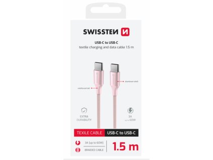 SWISSTEN DATOVÝ KABEL TEXTILE II USB-C / USB-C 1,5 M RŮŽOVÝ