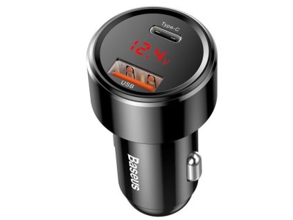 Baseus nabíječka do auta Magic USB-C PD, USB-A 45W s displejem černá